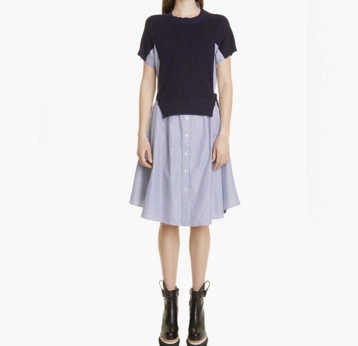Sacai Hybrid blue Stripe Shirt Dress Knit Docking JPN Size 2 US Medium