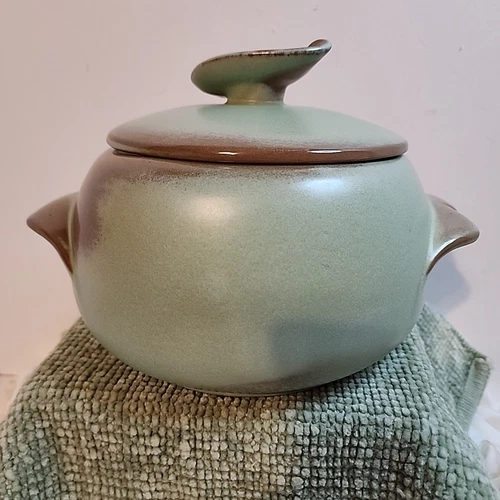 Vtg. Frankoma Pottery Prairie Green Brown Casserole Bean Pot W/ Lid V4 2 Qt Read