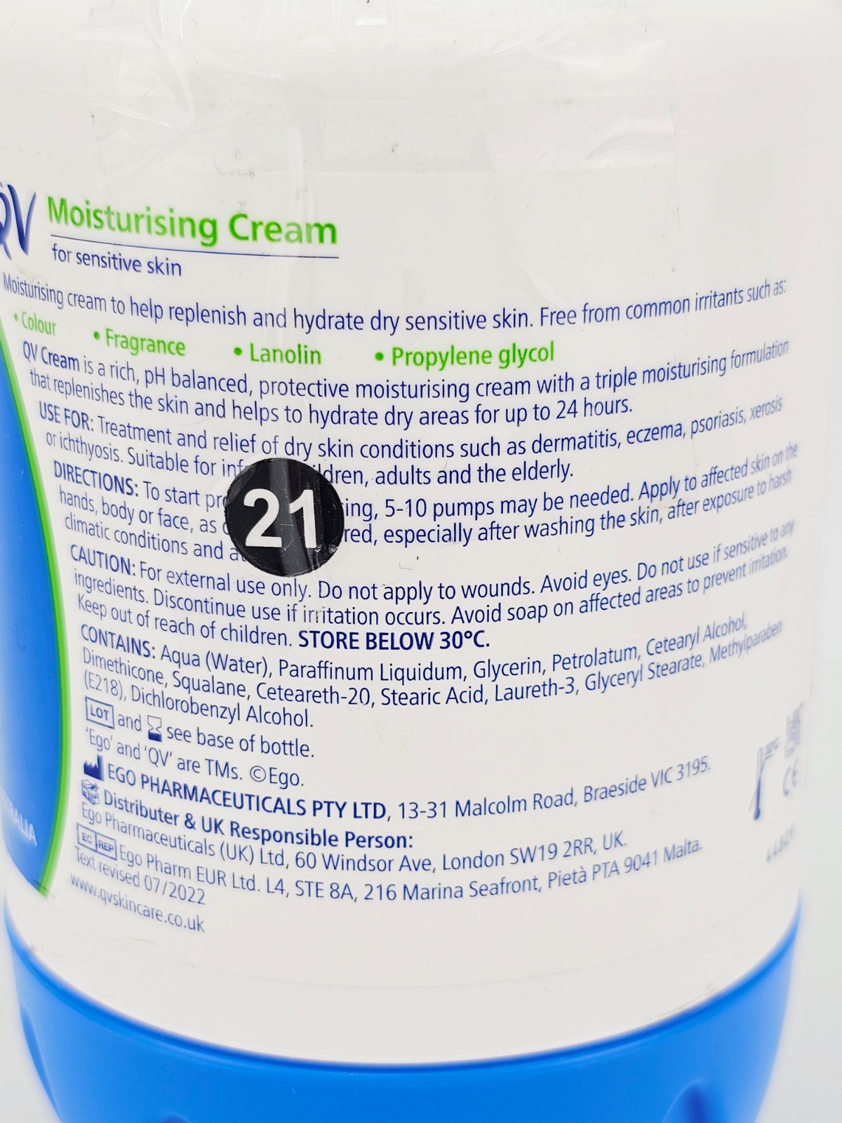 QV Cream with 10% Glycerin 500g Rich Protective Moisturiser Sensitive Skin Jumbo