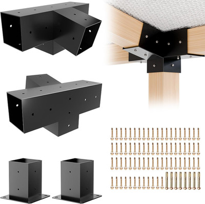 Pergola Kit, Slanted Roof Pergola Bracket, 4-Way Brackets with Post Base Kit, Lo