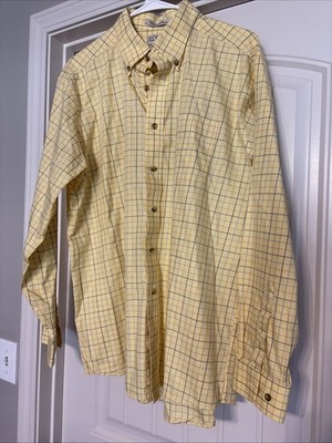 LL Bean Button Down Shirt Mens Large Yellow Plaid Checks Long Sleeve Wrinkle Rst