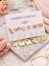 6 Pairs Cute Women Earrings Set Butterfly Heart Flower Hoop Stud Gold Tone