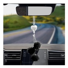 Bling Car Hanging Ornament, Cute Love Heart and Pink Plush Ball Rear View Black