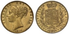 Victoria 1846 Sovereign, 4 over inverted 4, AU55, ex Ezen