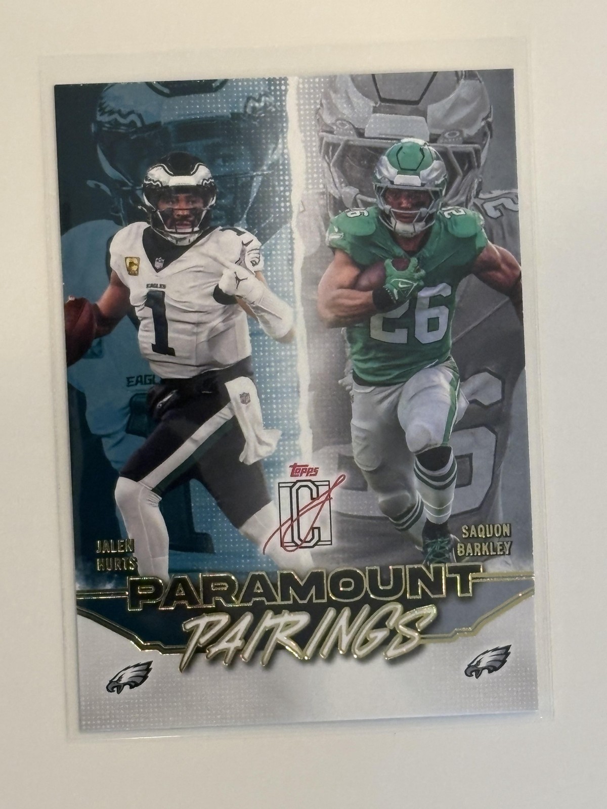 2025 Topps Signature #PP-5 Jalen Hurts and Saquon Barkley Paramount Pairings