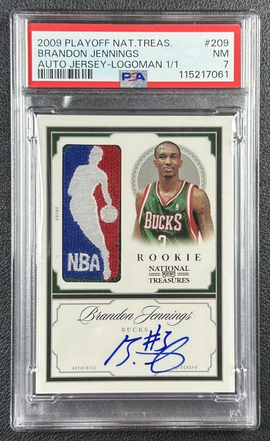 BRANDON JENNINGS PSA 7 2009 NATIONAL TREASURES 209 ROOKIE LOGOMAN PATCH AUTO 1/1 view 3