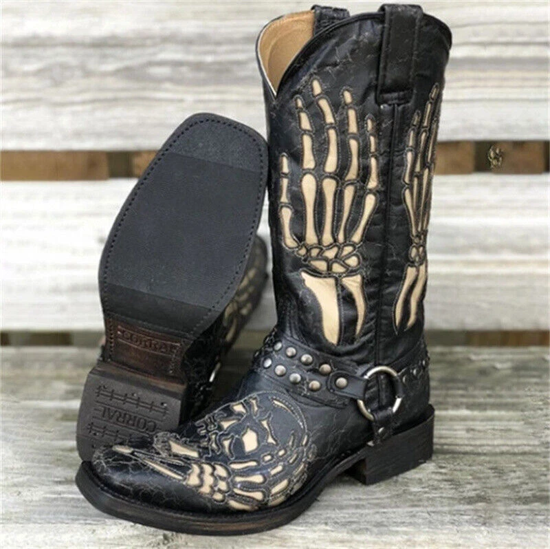 Mens Embroidered Cowboy Boots Western Shoes Skull Pattern Square Head Casual eBay