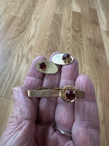 Authentic Vintage Ruby Red Stone Yellow Gold Plated Cuff Links With Matching Tie Clasp