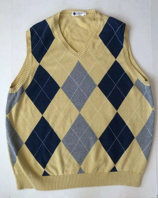 J CREW Vest Cotton Yellow, Blue, Grey Argyle VNeck Sleeveless Sweater