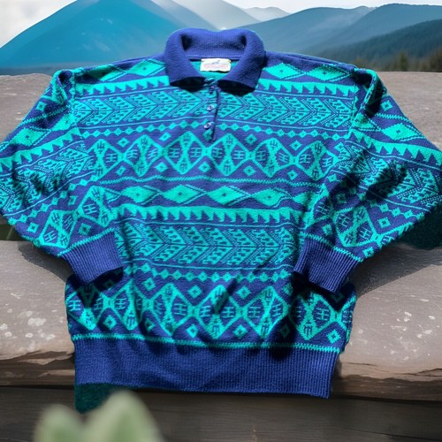 Winona Knits Sweater USA Polo Collar Green Blue Geometric Cotton Vtg 1980s