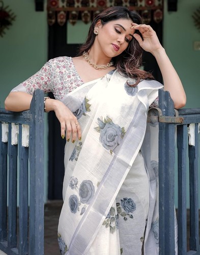 Women's Cotton Linen Printed Saree with Unstitched Blouse Piece - Picture 88 of 115