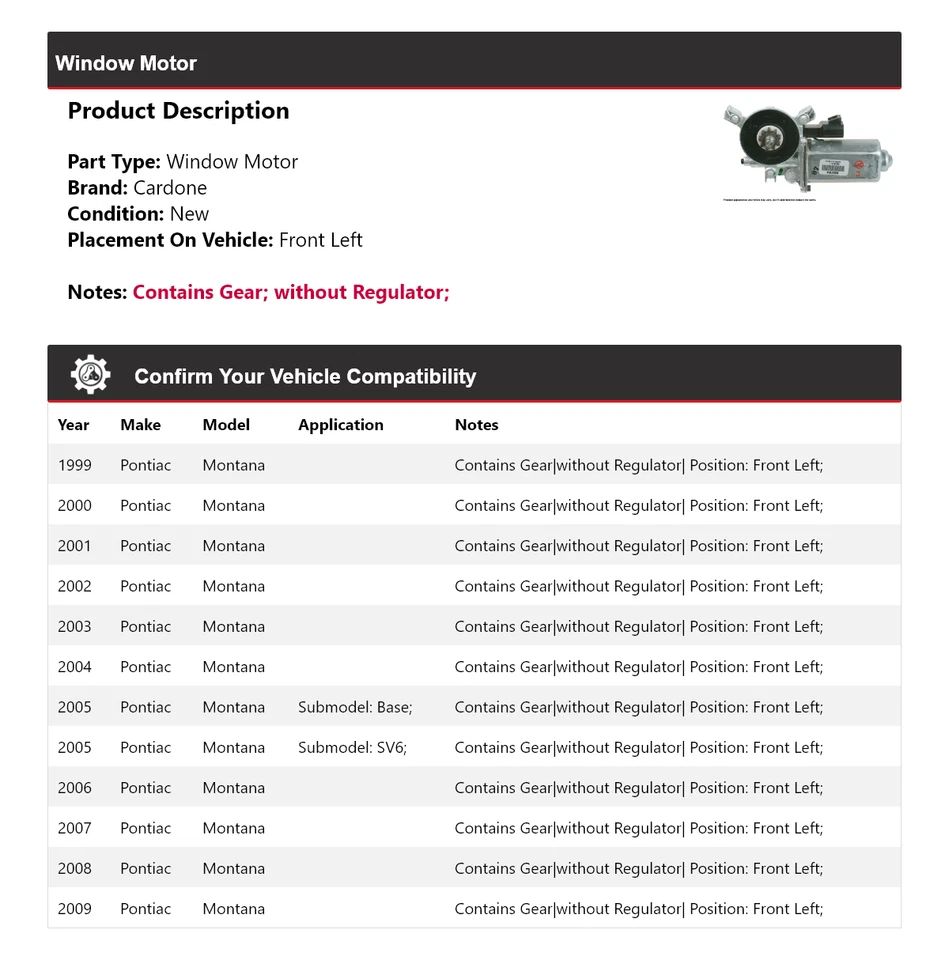 Motor ventana delantero izquierdo cardone 2000 2001 2002 Pontiac Montana 1999-2009 Foto 2 de 4