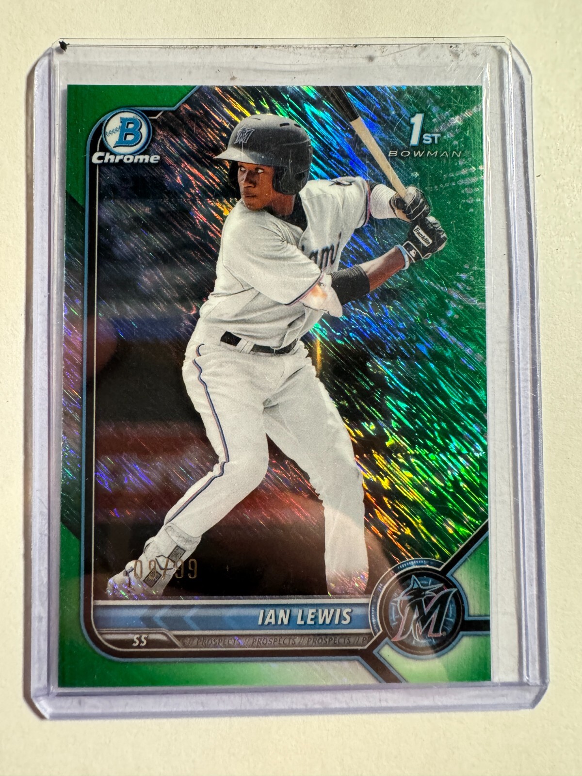 K165,948 - 2022 Bowman Chrome Prospects Green Shimmer #BCP96 Ian Lewis #/99