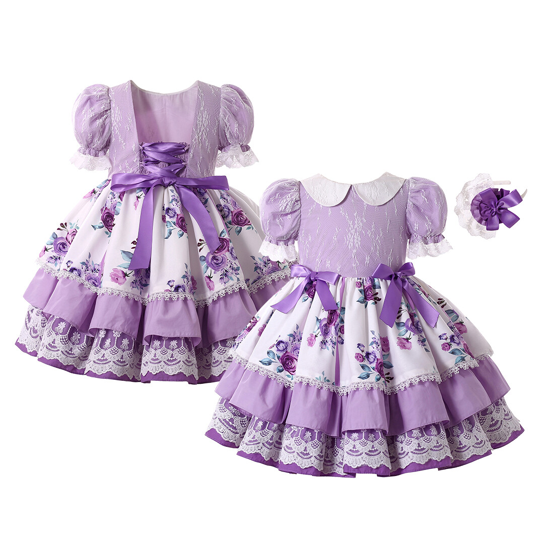 Floral Girls Princess Dress Size 2-12 Layered Lace Trimmed Summer Purple  Dress