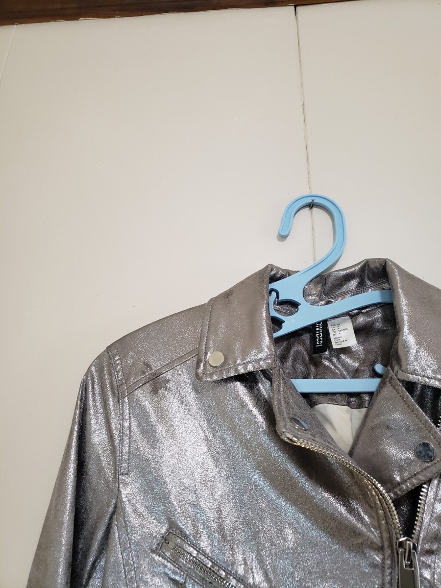 Divided H&M Womens 4 Faux Leather Jacket Moto Cropped Silver