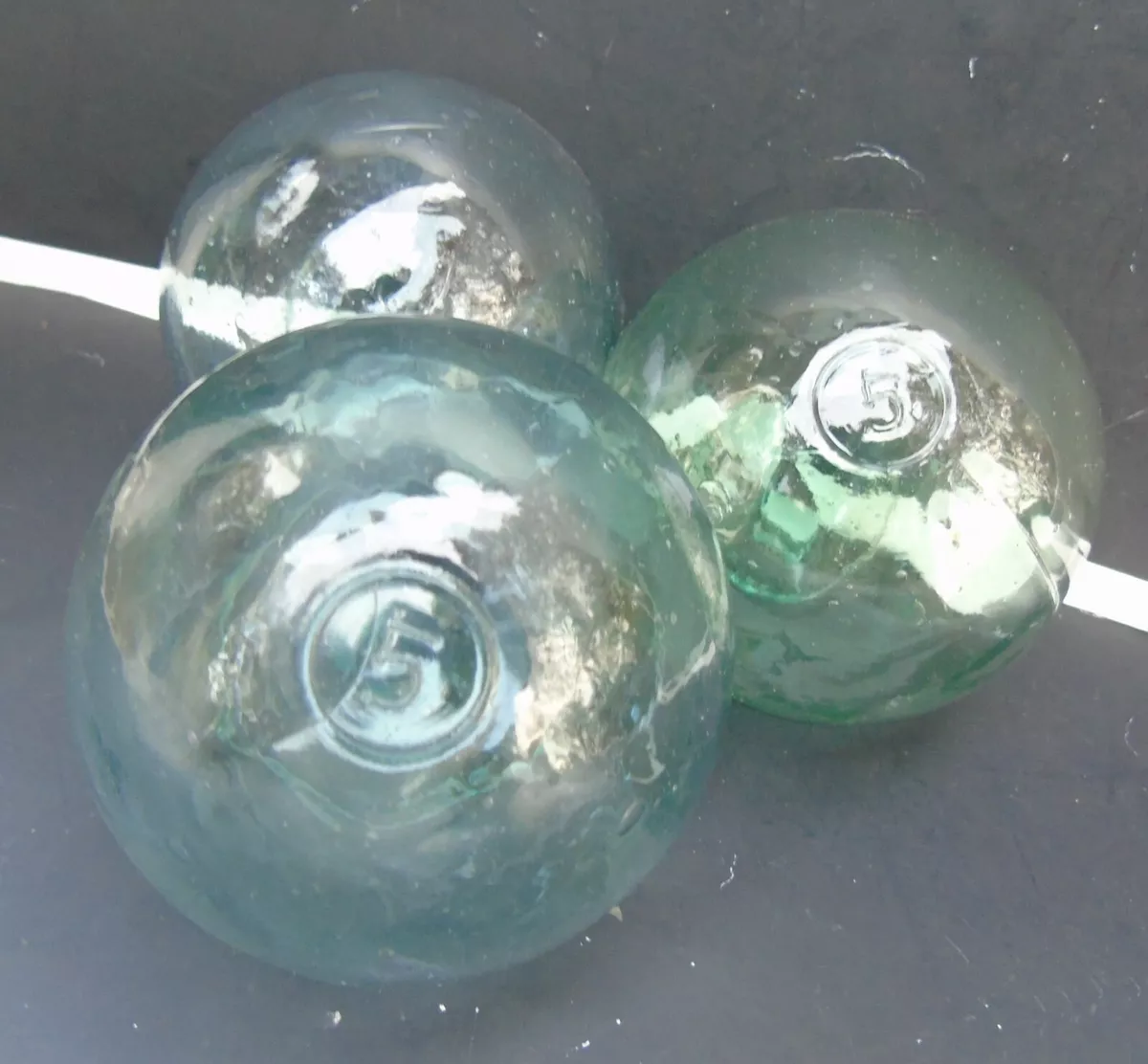 Antique 3 Blown Glass Fishing Net Glass Balls Floats Buoys Maritime Nautical
