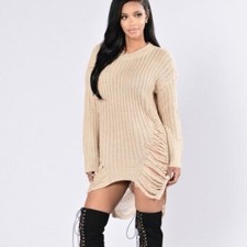 FASHION NOVA Women's Beige/Cream Distressed Shredded Sweater Mini Dress Size M/L