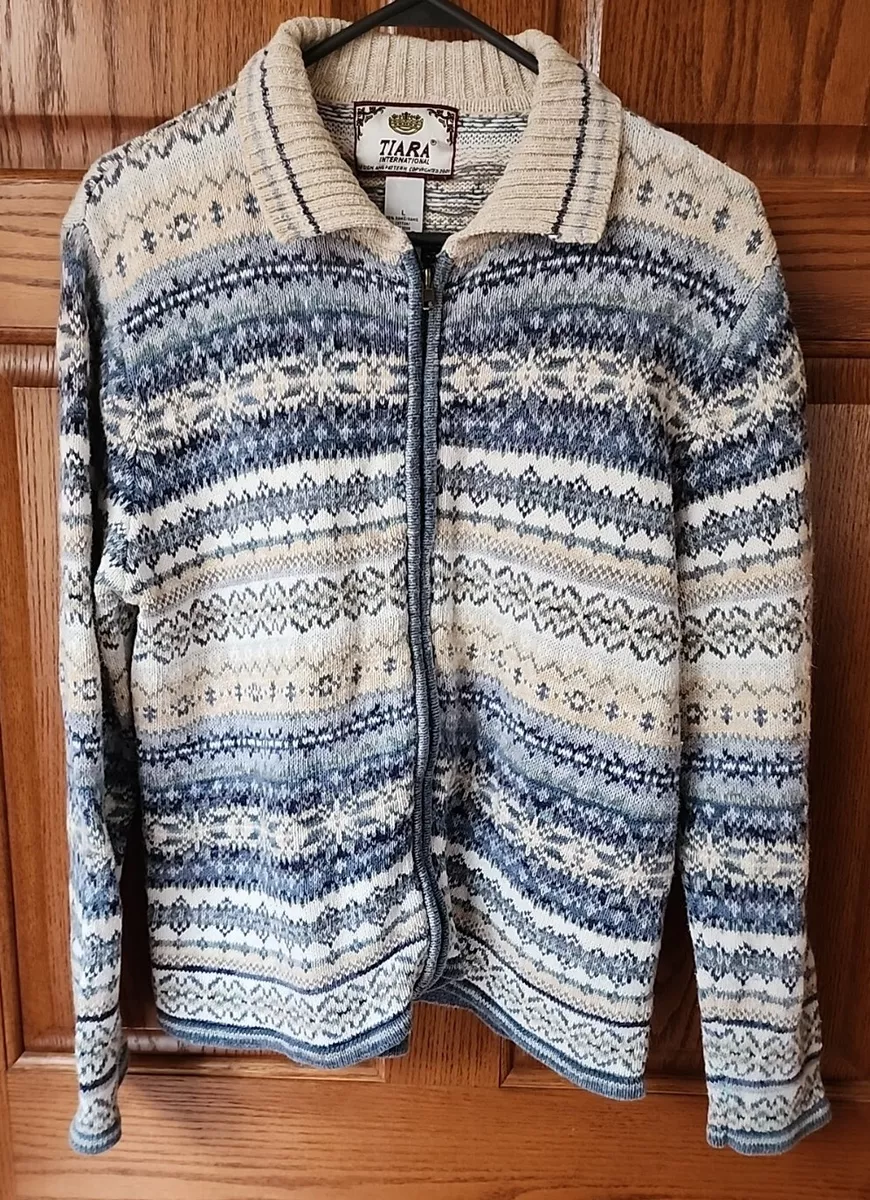 Tiara International Vintage Fair Isle Nordic Zip Up Cardigan Sweater Women Large