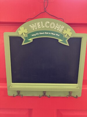 Green Welcome Irish Chalkboard Message Board with Brass Key/Hat Hooks 12''