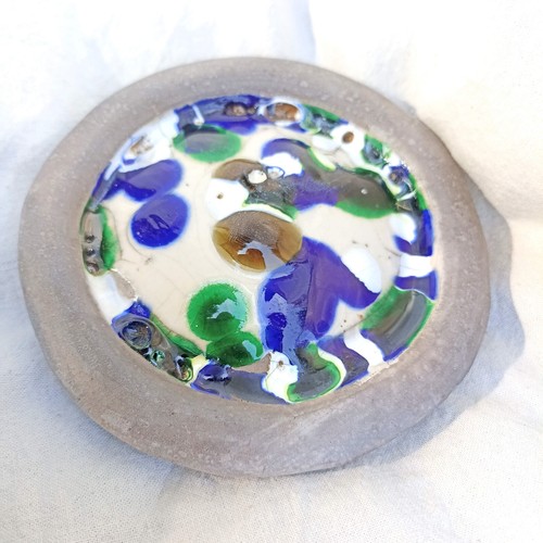 Unikat Raku Dose mit Deckel Töpferkunst mit Glas Bonbonniere Schale creme blau - Picture 5 of 6