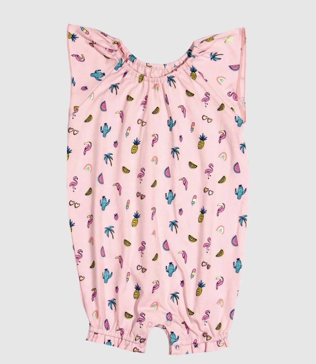 Egg New York Baby Girl Pink Flutter Sleeve Bubble Romper Tropical