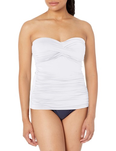 Anne Cole Women Solid Twist Front Shirred Bandeau Tankini Swim Top, White, Small