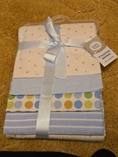 4x Luvable Friends Flannel 100 Cotton Receiving Blankets Blue Polka Dot Stripe