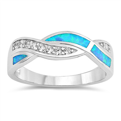 Sterling Silver Criss-Cross Woven Band Ring With Simulated Blue Opal - Size 8