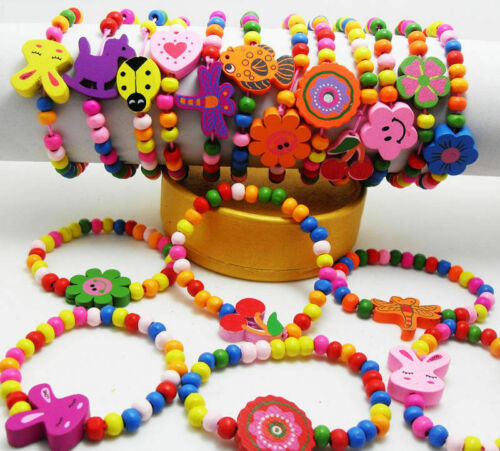30pcs Wholesale Kid Lovely Wood Bracelet Girl Birthday Party Gift Favor Jewelry - Picture 1 of 5