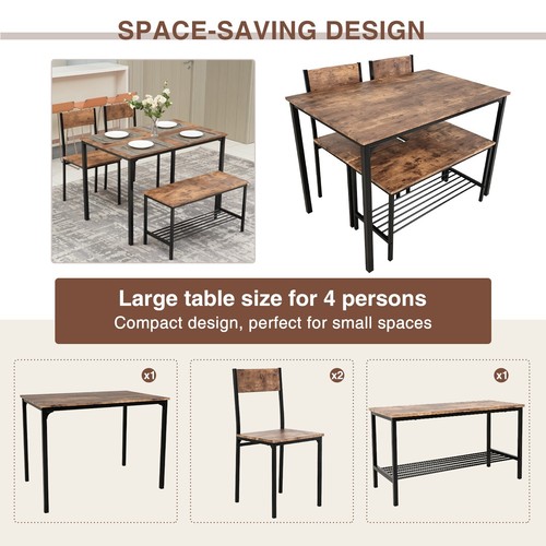 4 Piece Dining Table Set Wooden Compact Table 2 Chairs 1 Bench Set Metal Brown - Picture 3 of 8