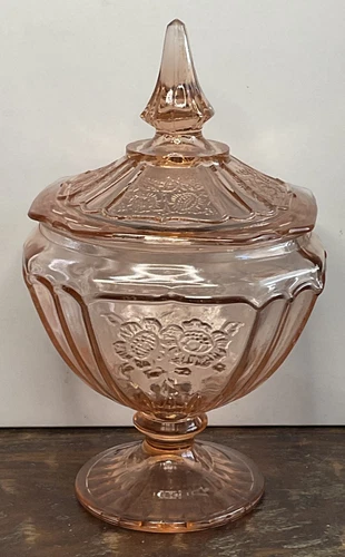 Vintage Mayfair Pink Depression Glass Open Rose Pedestal Candy Dish w/Lid