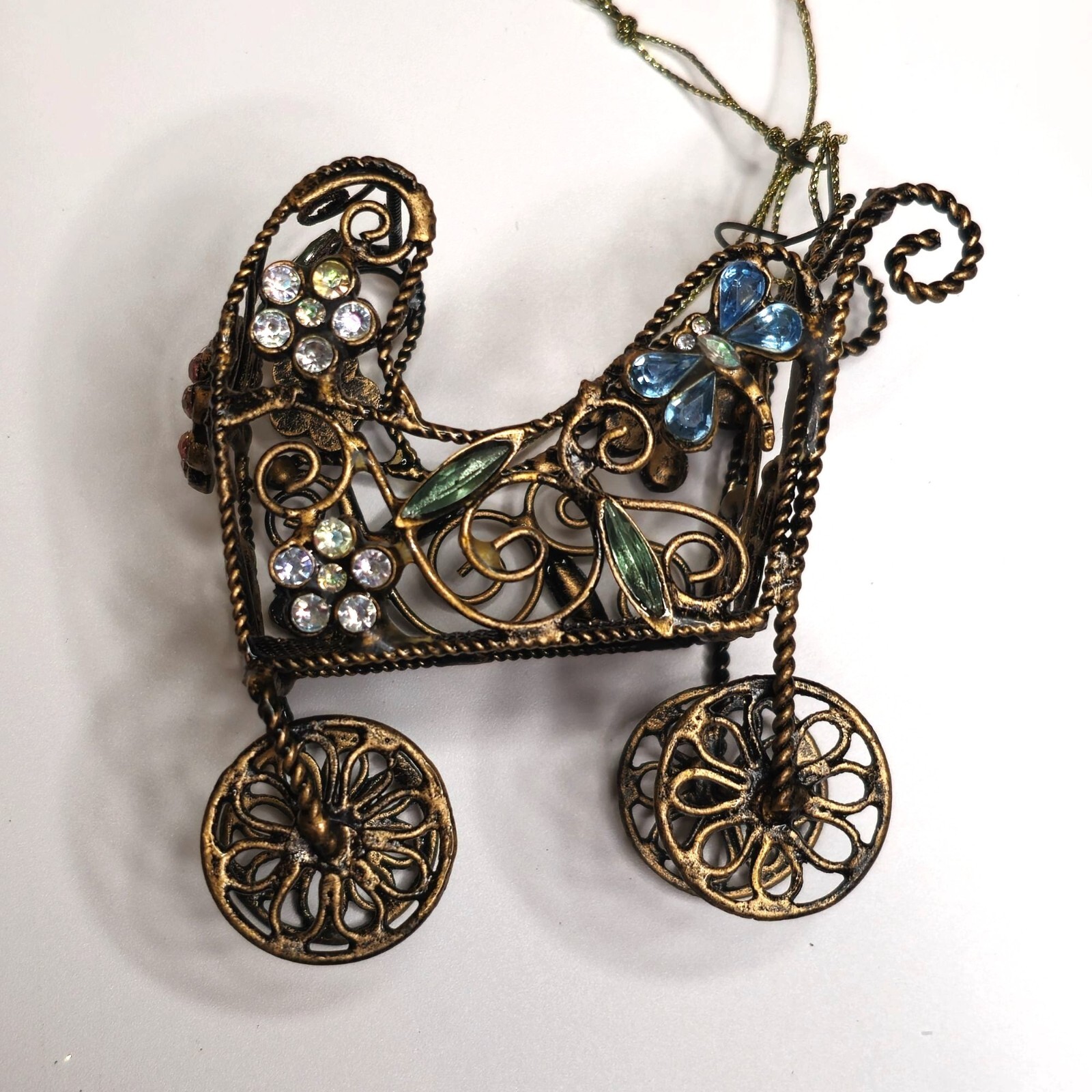 VTG Victorian Metal Baby Carriage Ornament with Rhinestones