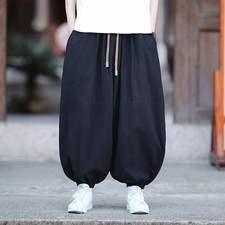 Chinese Style Mens Cotton Linen Baggy Pants Drawstring Loose Wide Leg Trousers