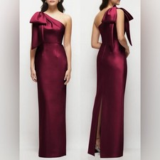 NEW Alfred Sung Bow Detail One-Shoulder Satin Twill Column Gown Sz 2 Cabernet