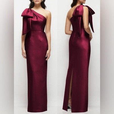 NEW Alfred Sung Bow Detail One-Shoulder Satin Twill Column Gown Sz 2 Cabernet