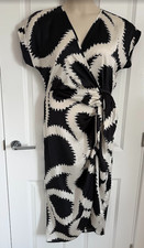 New Look Midi Wrap Dress Size 12 Black White Abstract Print Satin Feel Tie Waist