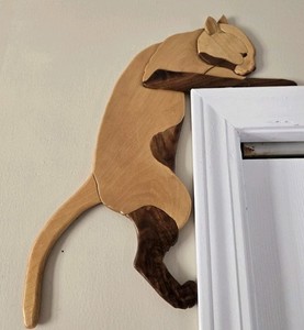 Hand crafted 3D Intarsia Wood Art KITTY CAT Sign Wall Plaque Door Corner 