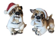 Two Christmas English Bulldog Figurines With Santa Hat 4X4.5  Spiked Collar