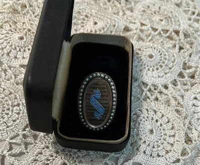 ANTIQUE MOURNING 1800 s 1 1/4 TOTAL SIZE,5 RING 10K ROSE ORIGINAL SEA PEARLS&BOX