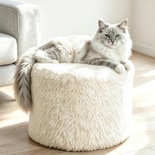 Round Portable Storage Ottoman Pouf Faux Fur Foot Rest Stool Beige