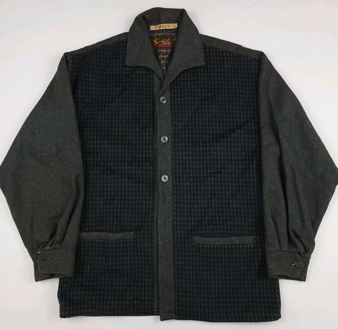 Vintage 50s Wool Button Front Lined Light Jacket Rare Smart USA Grey Plaid True