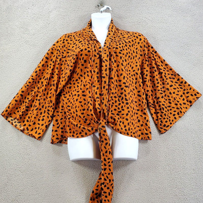 Womens Animal Print Blouse Size Large Medium Raw Hem Wrap Tie Cheetah Leopard
