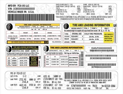 Custom Trailer VIN Data Plate Label   Tire Pressure & Loading Information