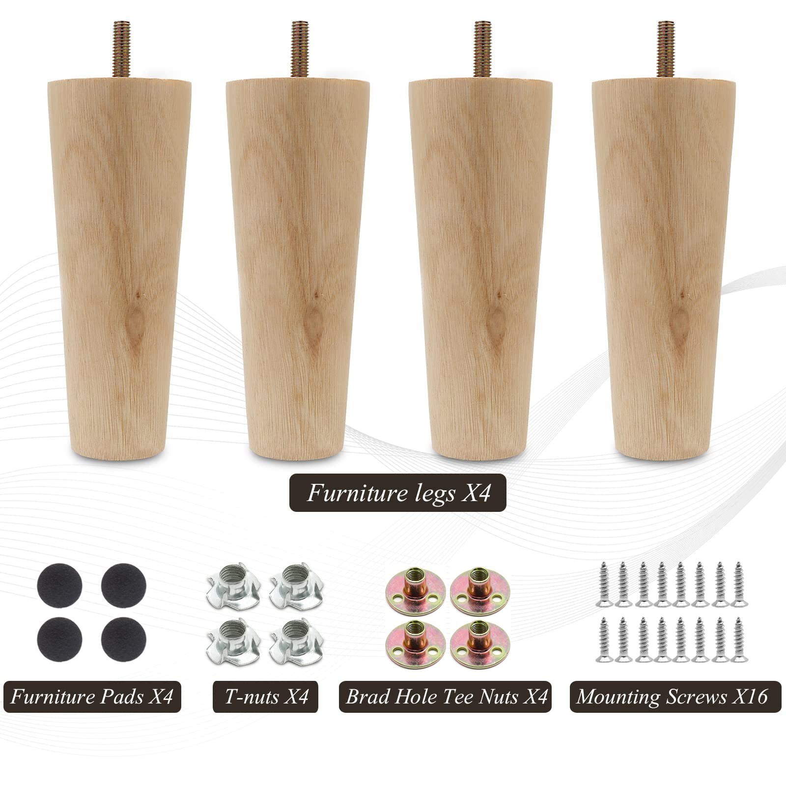 4pcs 6 Inch Wood Furniture Legs, Straight Conical Solid Wood Sofa Legs, Mid-C...