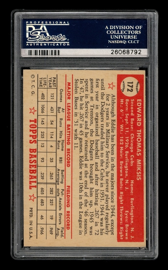 1952 Topps Set-Break #172 Eddie Miksis PSA 6 EX-MT view 2