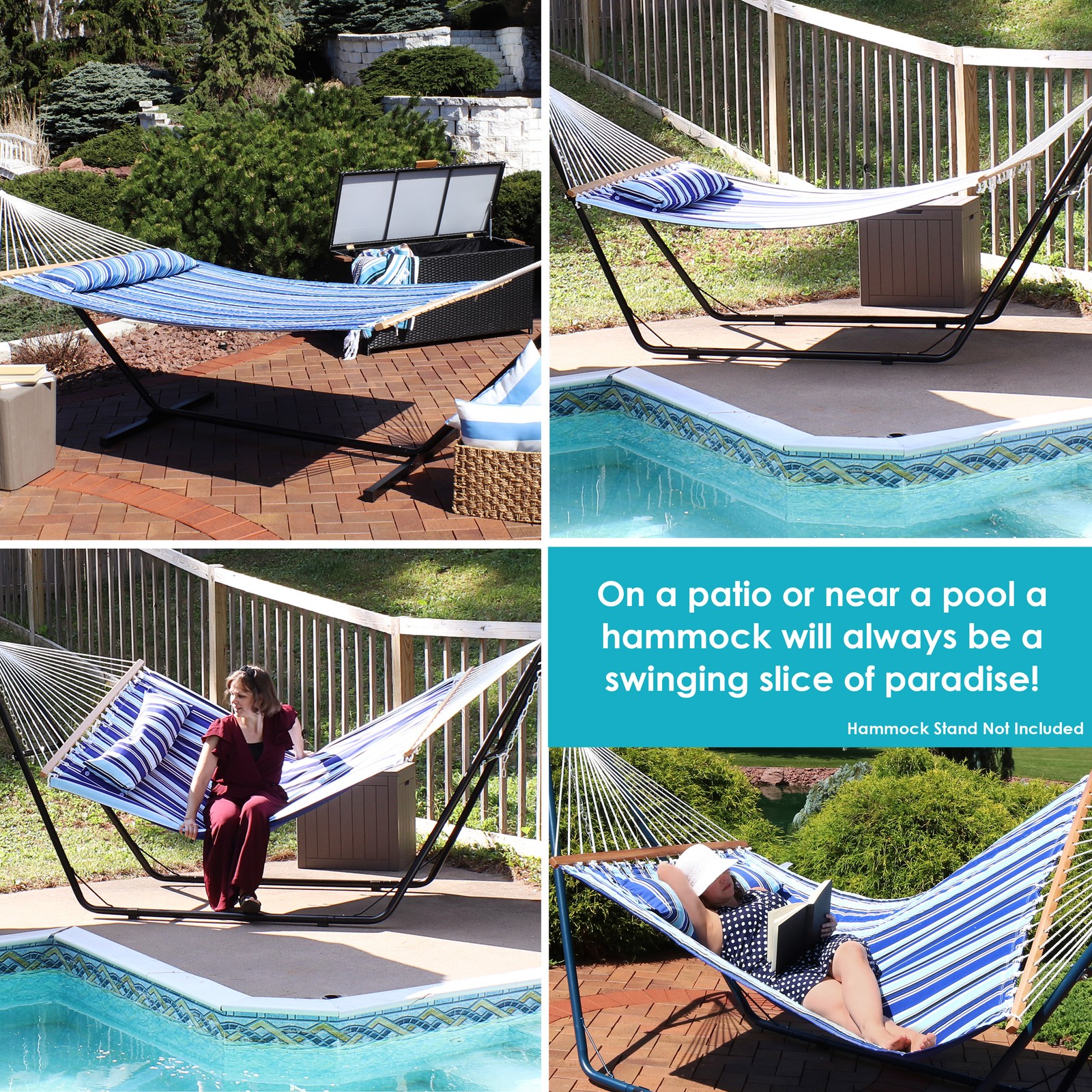 Large Quilted Fabric Hammock with Spreader Bar and Pillow - Beach by Sunnydaze