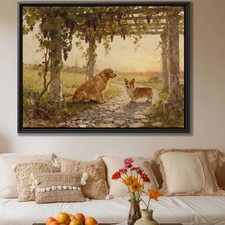 Golden Retriever Corgi Dog Artwork Canvas Print Countryside Wall Art Decor