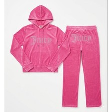 Juicy Couture Pink Velour Tracksuit Rhinestone Logo Hoodie Pants Set Womens L