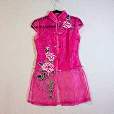 Vtg Pink Silk Blend Cheongsam Top Qipao Blouse Sheer Embroidered Peony Size M