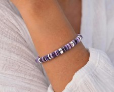 Quahog Heishi Bracelet in Sterling Silver with Lobster Clasp, Iroquois, Delaware